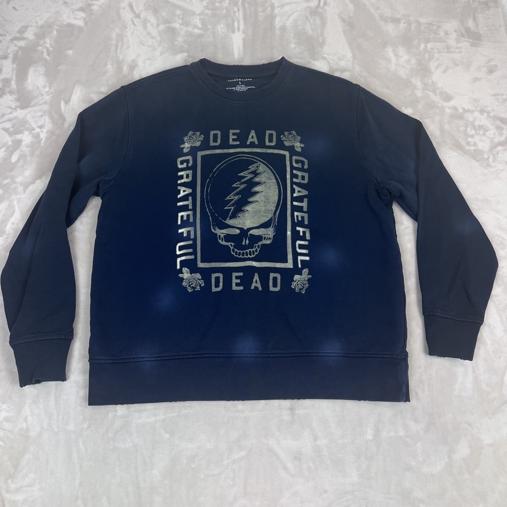 Lucky Brand Grateful Dead Sweater Mens Large Blue Faded Distressed Crewneck